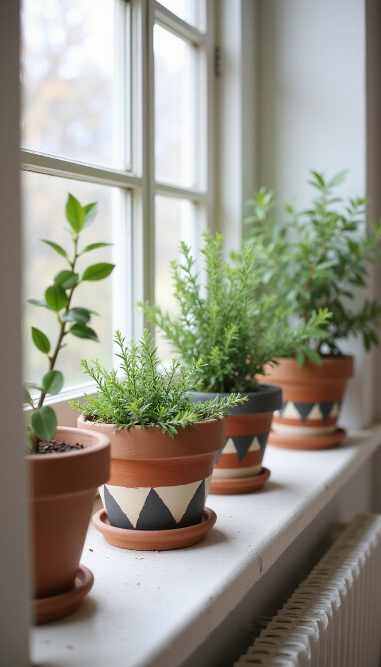 Painted terracotta pots with geometric patterns
