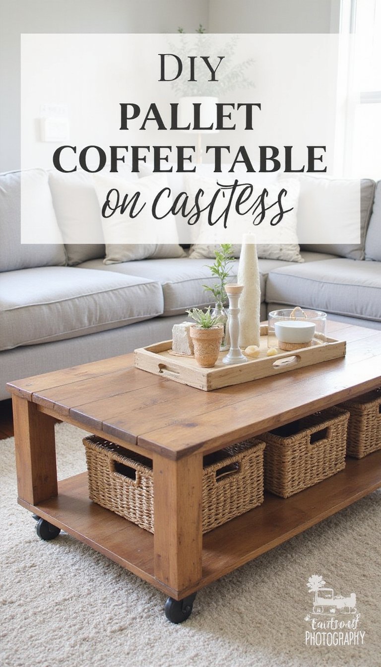 Pallet coffee table with casters and storage