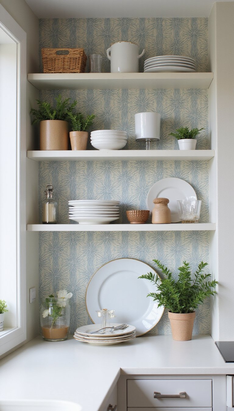 Peel-and-stick wallpaper accent behind open shelves