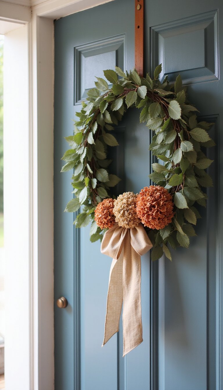 Seasonal wreaths from foraged greenery and ribbons