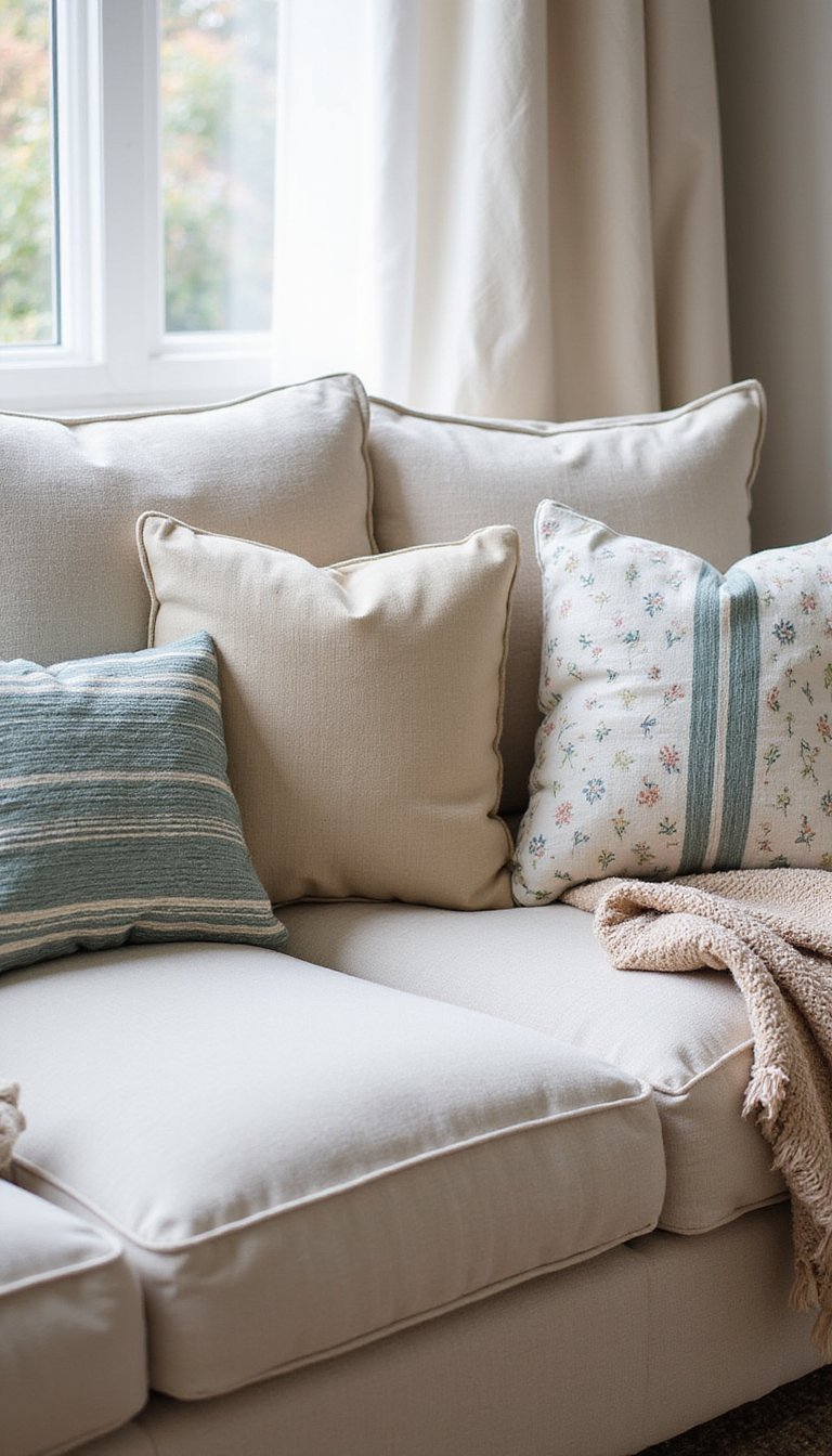 Washable cushion covers in mixed prints and linen