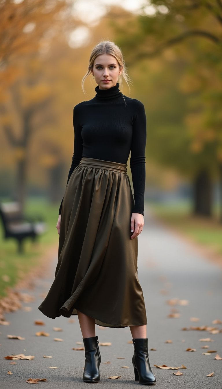 Black Turtleneck with Midi Skirt