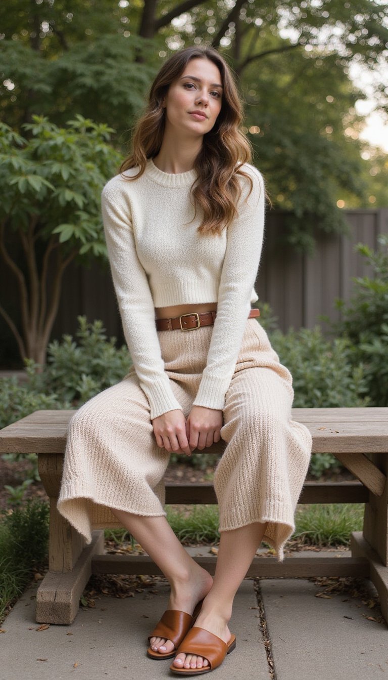 Cropped Knit Set with Slides