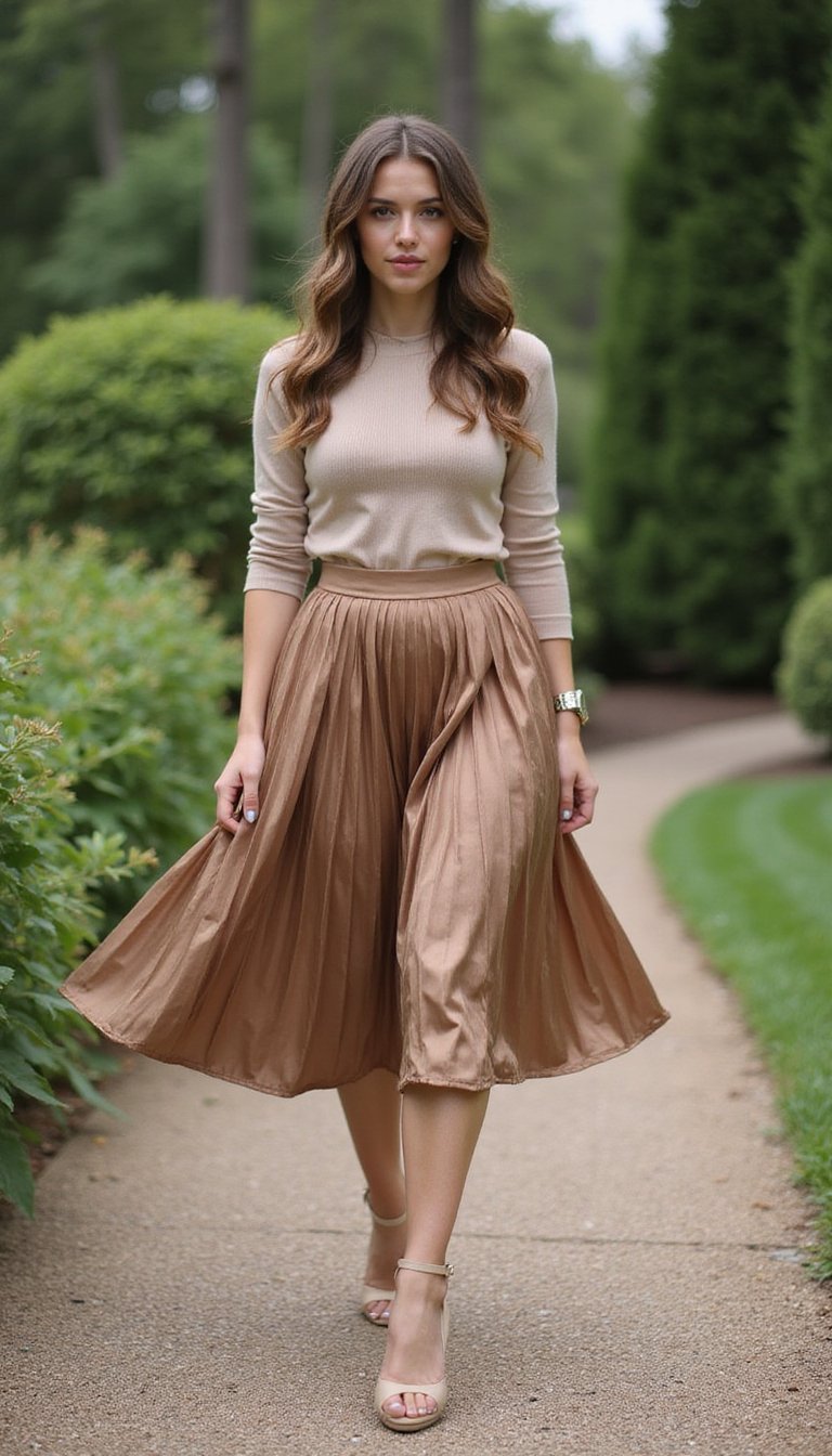 Pleated Midi Skirt with Knit Top