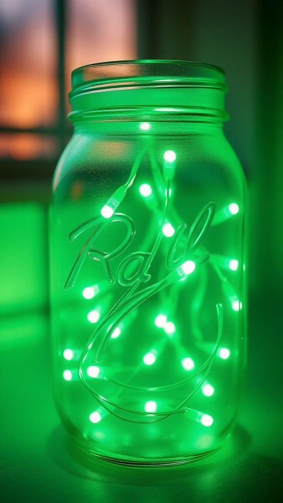 Mason jar fairy lights with green tint