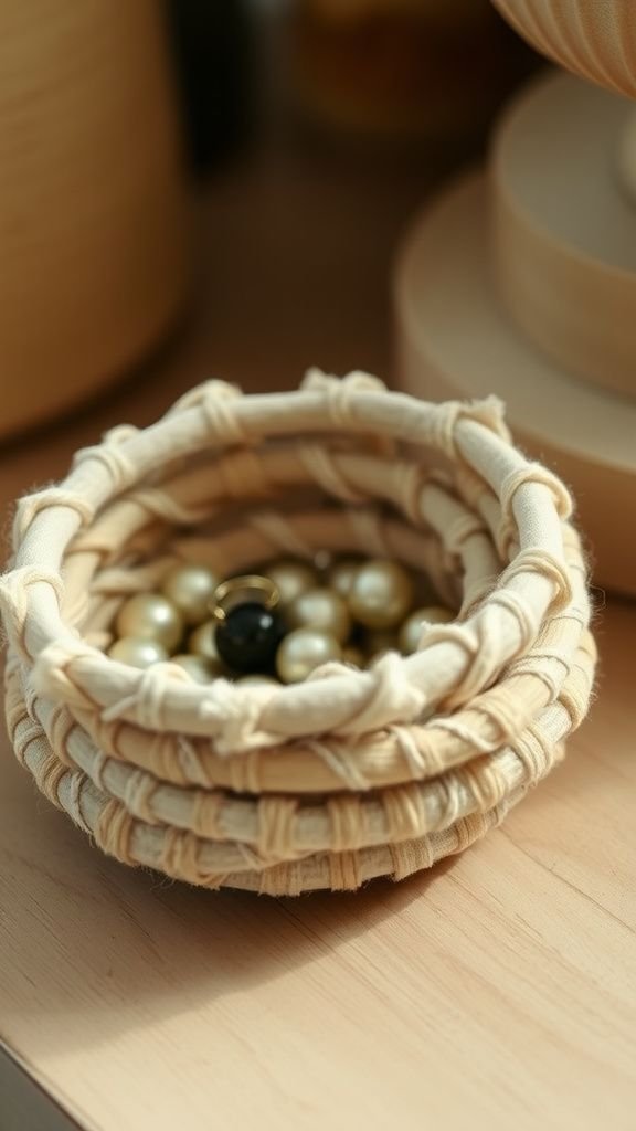 A small bowl made from coiled fabric strips