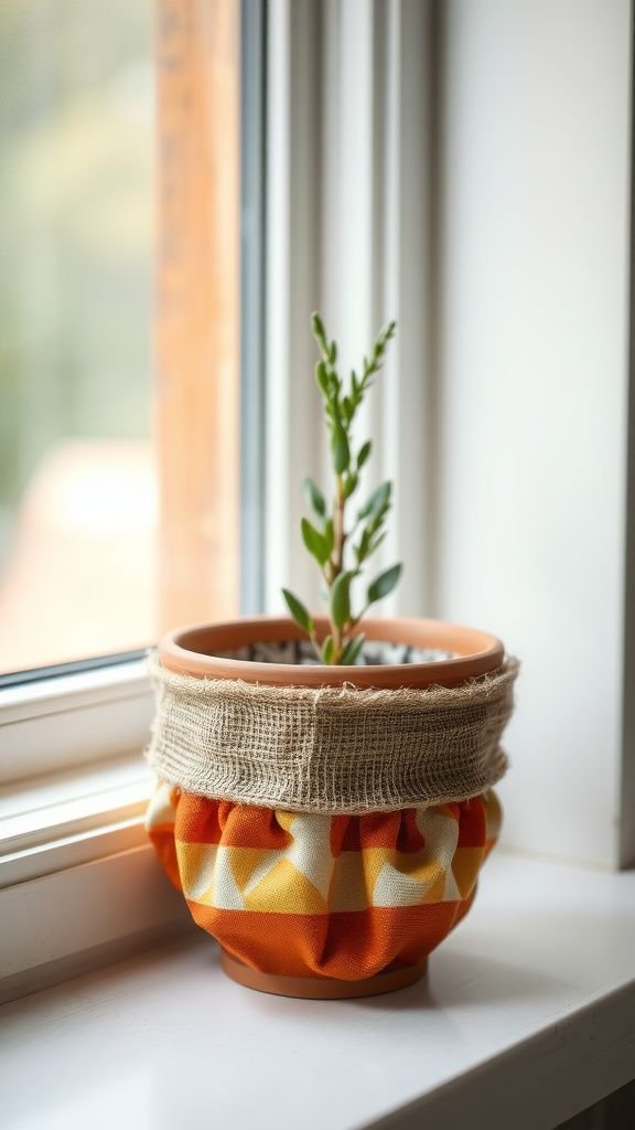 Fabric-wrapped plant cozy for small pots