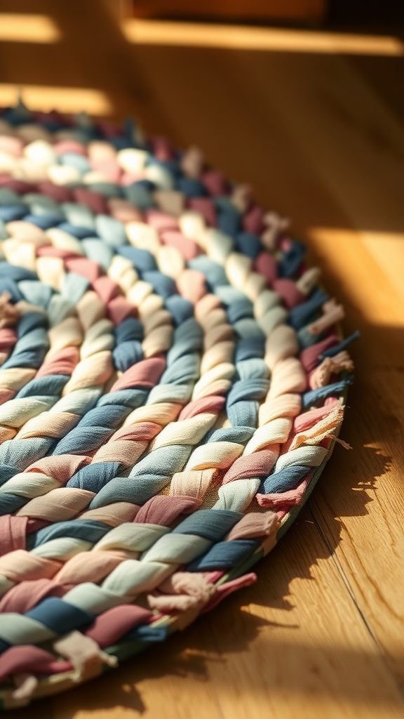 Rag rug braided from narrow fabric strips